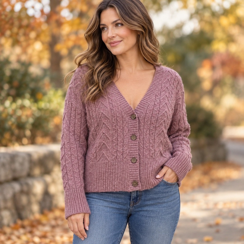 Kori M/L Mauve Pink Cable Knit Button Front V-Neck Cardigan Sweater Cottagecore
